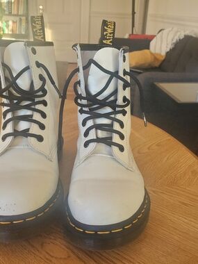 Dr. Martens White Leather Lace-Up Combat Boots with Black Laces